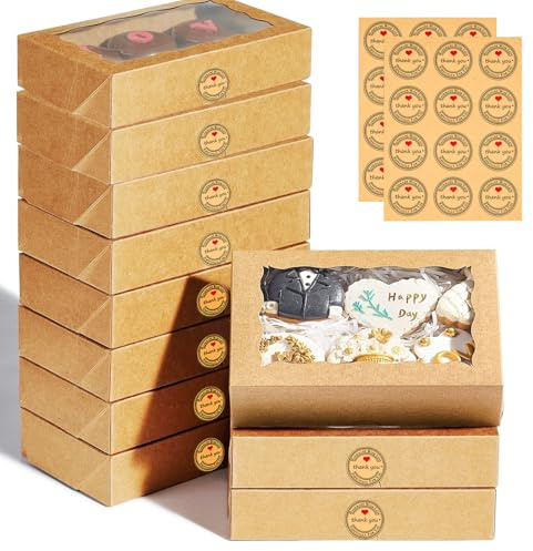 yivom 24 Stück Kraftpapier Gebäckkarton mit Sichtfenster 18x11x4 cm Cupcake Box Muffin Transportbox Pralinenschachtel Geschenkbox mit Thank You Aufkleber