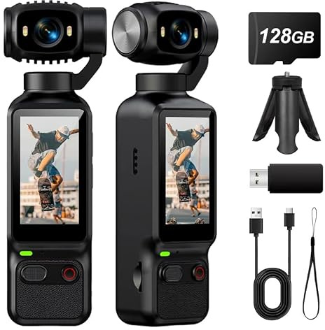 MUOXUEQN Portable Handheld Action Camera, 2.5K UHD Pocket Camcorder with 1.3 LCD Screen, 180° Rotatable Lens, Fill Light, Loop Recording, for Vlogging Travel Outdoor Sports (Black, 128G)