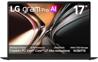 LG gram AI 17Z90U Notebook, Display 17 WQXGA (2560x1600), Intel Core Ultra 7, 16GB RAM, 1TB SSD, Ultraleggero solo 1.379g, Batteria 77Wh, Windows 11 Home, Copilot, Nero