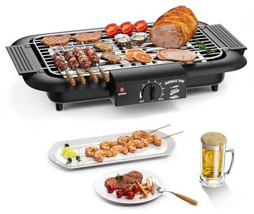 Parrilla eléctrica para barbacoa, antiadherente y sin humo, para interiores y exteriores, 2000 W, doble tubo, alta potencia, portátil, con soporte extraíble para barbacoas (negro)