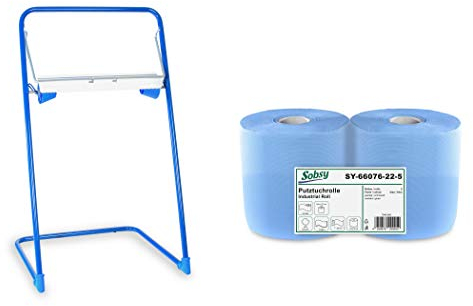 2 x blaue saugstarke Papierrolle mit Standfuß-Spender, 1000 Blatt, 22x36 cm | 2-lagige perforierte Papiertücher | für Industrie, Werkstatt und Restaurant | Durchmesser 25 cm