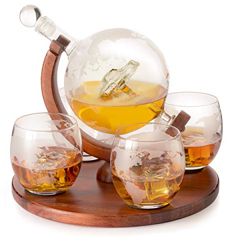 Geätzte World Dekanter Auto Whiskey Globe – The Wine Savant Whiskey Geschenkset Globe Dekanter mit antikem Auto, tolles Geschenk – alkoholbezogenes Geschenk, Home Bar Decor