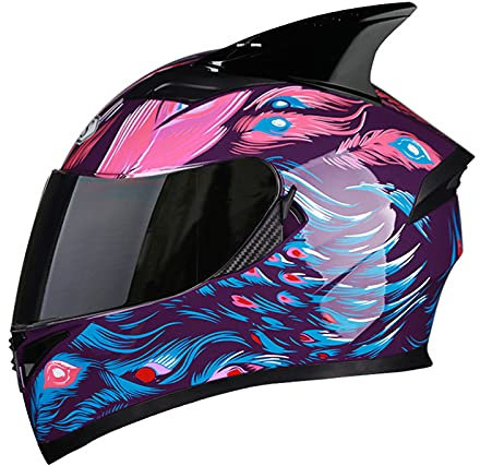 Integral-Motorradhelm Motocross-Helm für Erwachsene Männer und Frauen DOT/ECE-zertifizierter Anti-Fog-Motorrad-Integralhelm mit zwei Gläsern Moped Racing Crash-Helm,With horns,M