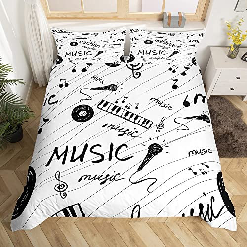 Musik-Thema, Bettwäsche, 140 x 200 cm, Schwarz und Weiß, Musiknote, Bettwäsche, Musikmotiv, Bettbezug, Teens Retro, Musik, Mikrofon, Vinyl, Records Room Decor