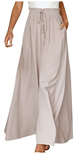 Azruma Hose Damen Elegant Chiffon Kordelzug High Waist Plissee Weites Bein Lang Hose mit Taschen Palazzo Einfarbig Culottes-Hose Strandhose Lose Lässige Freizeithose Schlupfhose Pumphose