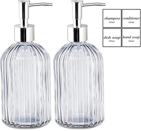 DARENYI 2 Pack Glass Soap Dispenser Bottle with Pump 420ML washing up Liquid Dispenser Refillable Liquid Hand Jar Dispenser for Bathroom, Countertop, Kitchen, Laundry Room