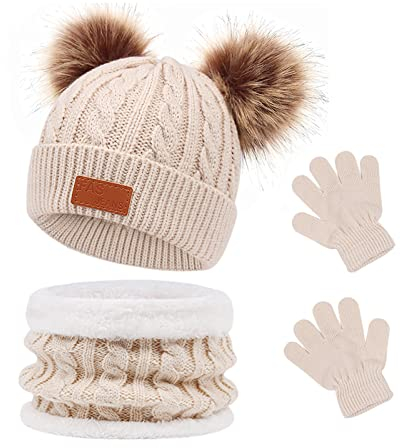Waylipun 3 in 1 Kinder Wintermütze Schal Handschuhe Set, Strickmütze Babymütze Kinder Mütze Set, Warme Winter Beanie Hut Handschuhe Schal Set für Kinder Jungen Mädchen, 1-5 Jahre ​(Beige)