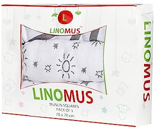 Linomus Baby Muslin Pack of 3 (70 x 70 cm) - Soft, Absorbent & Breathable Muslin Squares 100% Pure Cotton Burp Cloths - Ideal to Clean, Wipe & Cover Newborns - Black & Grey Galaxy Theme