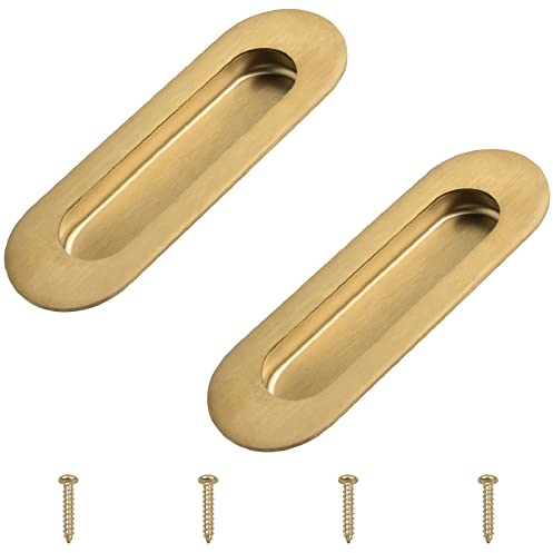MOROBOR 2 tiradores empotrados de acero inoxidable dorado cepillado, tiradores de puerta corredera ovalados empotrados con tornillos ocultos para cajones y armarios