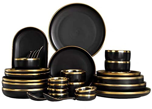 Juego de platos de cena de porcelana blanca con borde dorado, plato de cocina, vajilla de cerámica, platos de comida, arroz, ensalada, fideos, tazón, taza, cubiertos