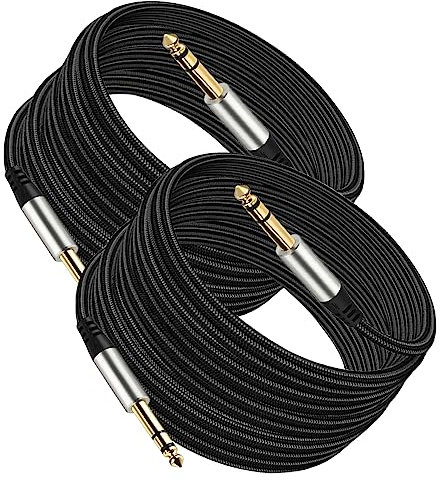 Tavsou Pack of 2 TRS Instrument Cable 1/4 Inch Straight 6.35mm Male Jack Nylon Braided Studio Cord (5M)