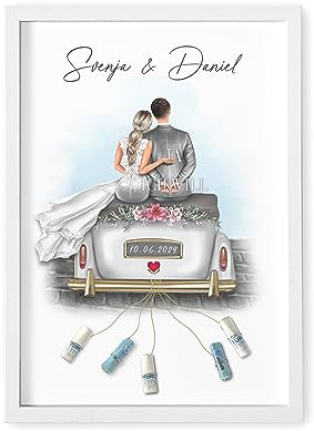 DEL MÀ Unique & Personal Geldgeschenk Hochzeit personalisiertes Bild Hochzeitsgeschenk für Brautpaar Geld Hochzeitsgeldgeschenk mit Auto Geschenkidee (mit oder ohne Bilderrahmen)