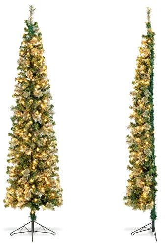 GYMAX 7 FT Pre-lit Half-Shape Christmas Tree, Artificial Xmas Tree with Metal Base, 403/450 Branch Tips and 150 Warm White LED Lights, Seasonal Holiday Decoration tree (Green, with Pine Needle)