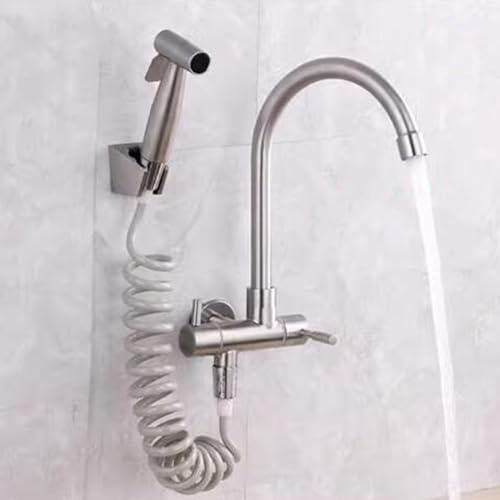 Grifo de Cocina de Pared Agua Fria Acero Inoxidable Grifo de Cocina con Pistola Rociadora Grifo de Fregadero-C