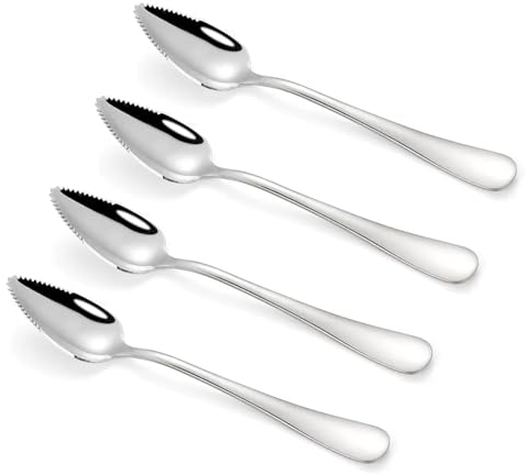 EXIN DEHCEN 4 Pieces Cuillere Pamplemousse, CuillèRe à Kiwi Pamplemousse en Acier Inoxydable, Coupe-Pamplemousse, Cuillère À Bord Dentelé pour Apple, Kiwi, Papaye, Orange, Kiuiom, CrèMe (Argent)