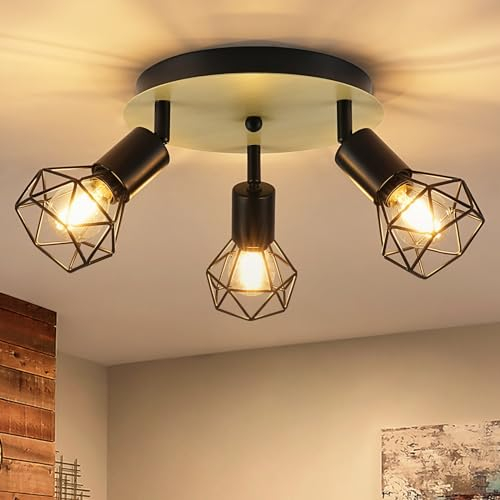 FORCOSO Deckenlampe Schwarz 3 Flammig Rund - Holz Deckenstrahler Vintage E14 Schwenkbar, Industriell LED Deckenleuchte Metall Deckenspot für Küche Wohnzimmer Schlafzimmer - Ohne Leuchtmittel
