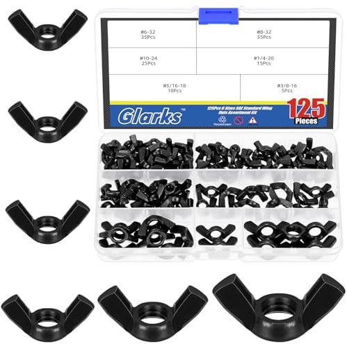 Glarks 125Pcs 6 Sizes Black Wing Nuts Assortment Kit, 3/8’’-16, 5/16’’-18, 1/4’’-20, #10-24, #8-32, #6-32 High Strength Carbon Steel Butterfly Nuts, Wing Bolt Fasteners