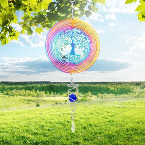 LUKDUNG Metal Wind Spinner, 3D Hanging Rotating Wind Chimes, Rainbow Tree of Life Wind Sculptures, Art Ornaments Decorations for Outdoor Yard Garden Balcony, Diameter: 15cm