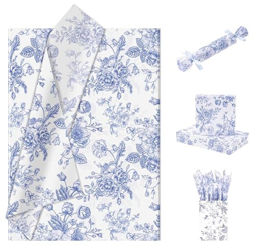 Larcenciel Floral Tissue Paper Sheets, White Blue Tissue Paper for Wrapping Gifts, Vintage Bouquet Wrapping Sheets, Matte Art Gift Wrap for Birthday, Wedding, Anniversarie, Craft, 30 Pcs 50x35CM