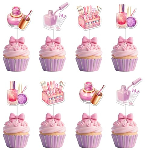 Sursurprise Manicure Pedicure Party Decorations, 24PCS Nail Polish Cupcake Toppers, Mani Pedi Cupcake Decor, Spa Makeup Cosmetics Party Supplies for Girls Women Birthday