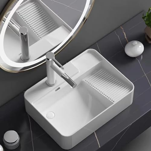 Fregadero rectangular de cerámica para baño con grifo, lavabo con diseño de tabla de lavado para encima de la lavadora, elegante fregadero de encimera (blanco A, 51,5 x 42 x 15,5 cm)