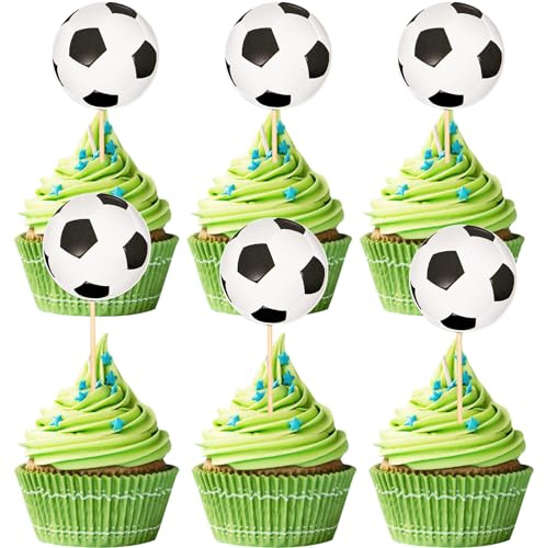 Gleevio 24 Stück Tortendeko Fussball Deko Geburtstag Kinder, Fußball Cupcake Topper, Fußball Kuchen Deko Geburtstag, Tortendeko Junge, Schwarz Weiß Fussball Muffin Dekorationen für Kindergeburtstag