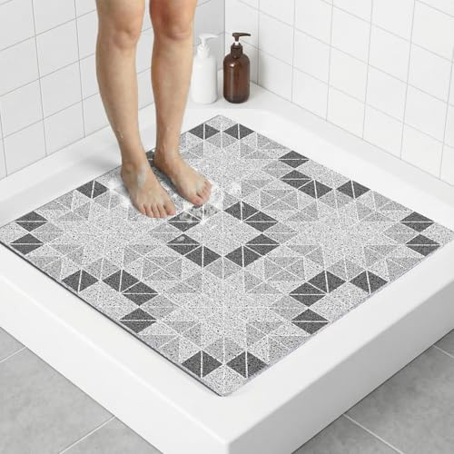 Square Loofah Shower Mat Non Slip 70x70 CM, Anti Mould Quick Drying PVC Mat for Inside Shower & Wet Room, Anti Slip for Elderly & Adults, Textured, Bath Mats for Bathroom, Gray Geometry