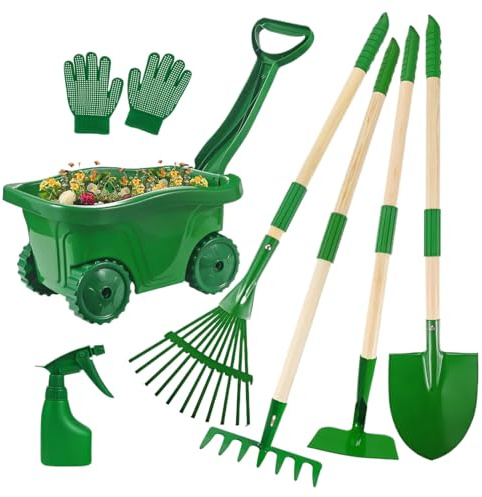 Attrezzi da giardino per bambini | Set da gioco all'aperto con rastrello, pala, zappa, rastrello per foglie, carriola, guanti e bottiglia spray | Giocattoli da giardino per il giardino, in cortile