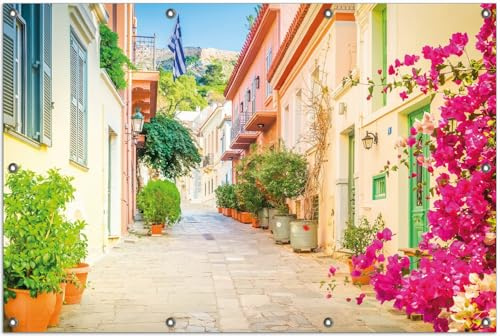 Wallario Outdoor-Poster für Garten oder Balkon Mediterrane Straße im Blütenrausch, Motivbanner Größe: ca. 100 x 150 cm, Outdoor-Bild