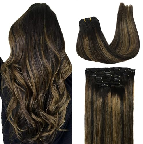 GOO GOO Clip in Human Hair Extensions, 20inch 120g 7pcs, Hair Extensions Clip in, 1B/6/1B Balayage Black to Chestnut Brown