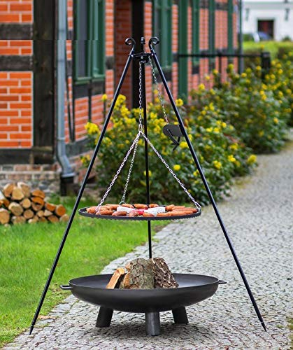 Korono 2 in 1 Schwenk Grill Dreibein 180cm Rost 60cm & Feuerschale 70cm mit Loch - Gartenfeuer & mobiler Grill
