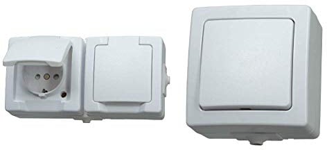 Kopp Nautic Steckdose für Feuchtraum, Aufputz, 250V (16A), 2-fach Schutzkontakt-Steckdose, arktis-weiß & Nautic Universalschalter (Aus- und Wechselschalter), Aufputz, 250V (10A), IP44, arktis-weiß