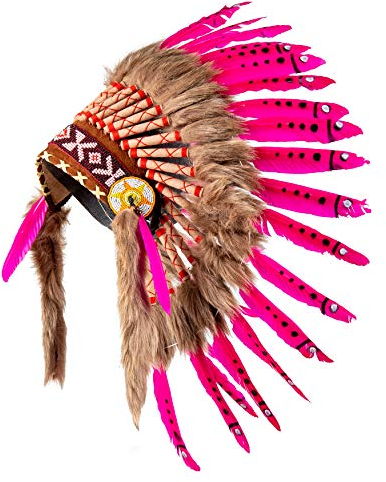 Pink Pineapple Traditioneller Indianer Inspirierter Kopfschmuck handgefertigt im traditionellen Stil Nordamerikanischer Indianer - Kurze Länge - Fuchsie
