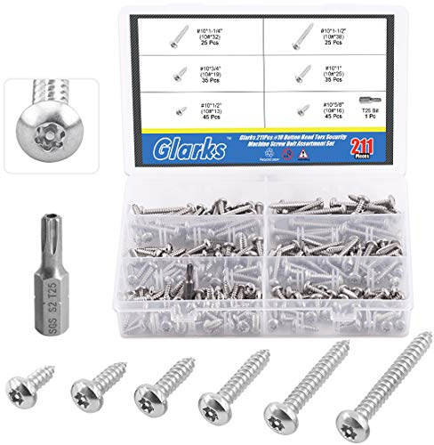 Glarks Lot de 50 vis Torx en acier inoxydable avec tête de bouton, tête de bouton, vis inviolables 210pcs #10 screws set