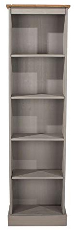 Home Source Narrow Bookcase, Tall Pine 5 Tier Display Stand Shelving Unit, Space-Saving Storage, Office Living Room Furniture, Grey