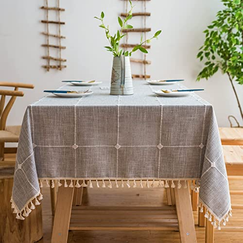 Lifetooler Tischdecke Abwaschbar Baumwolle Leinen Tischtuch Quaste Design Tischdecke staubdicht Rechteckige Tischabdeckung für Home Küche Dekoration(Grau Gitter, 140x300cm)