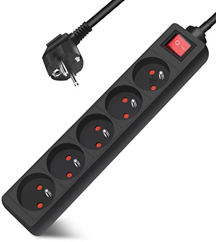 Multiprise 5 Prises 16A 2P + T avec Interrupteur, Extrastar Bloc 5 Prises, Rallonge 3M 230 V avec sécurité Enfant, Noir