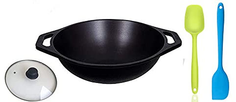 Beverlion Pre-seasoned Cast Iron Kadai with Lid - 10.5 + Glass Lid with 2 Silicone Spatulas - Pre-Seasoned Cookware - Indoor/Outdoor Use - Compatible with