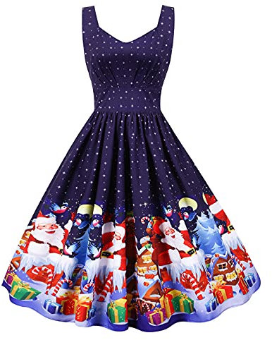 Women Dresses Sale Clearance Laides Casual Christmas Printed Sleeveless Draw Back Swing Party Dress UK Size Work Casual Dress