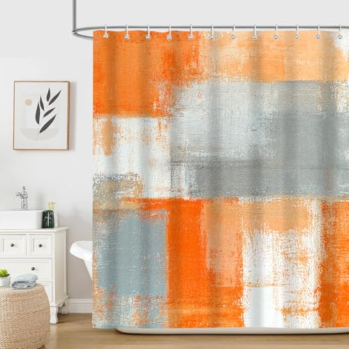 iTapnoom Duschvorhang für Badezimmer, Orange, Beige, Grau, modern, abstrakt, Grunge-Malerei, Badezimmer-Accessoire, Dekorstoff, wasserdicht, Badvorhang-Set, 183 x 183 cm, mit Haken