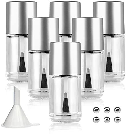 Agidea 6PCS Empty Nail Polish Bottles with Brush, Empty Refillable DIY Glass Nail Polish Bottles with Funnel & Mixing Balls (15ML, Silver)