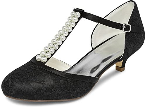 JIAJIA Scarpe da Sposa da Donna 01129 Punta Chiusa T-Strap Tacco Basso Raso di Pizzo Pompe Imitazione Scarpe da Sposa Colore Nero, Taglia 42 EU