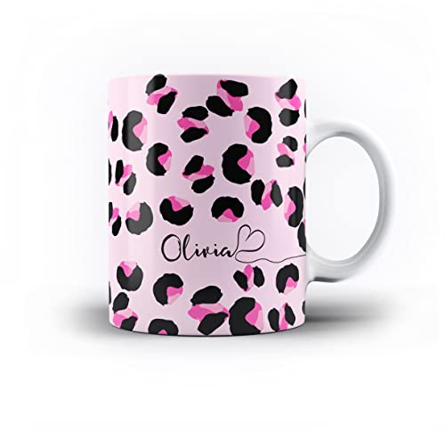 iCaseDesigner Personalised Animal Print Mug with Name and Heart. 11oz Ceramic Mug. 10. Pink Leopard