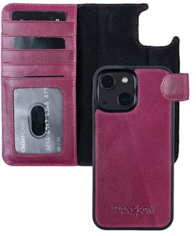 HANS/SON Handyhülle aus Echtleder kompatibel mit iPhone 13, Magenta, Lederhülle mit Kartenfächern, abnehmbarem Case und MagSafe
