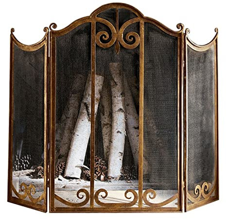 Salvachispas Chimenea Protector de Fuego de Latón con Acabado Desgastado Rústico para Quemadores de Leña/ Fuego Abierto, Resistente Barrera Contra Chispas Plegable con Malla Metálica, Fácil de Almacen