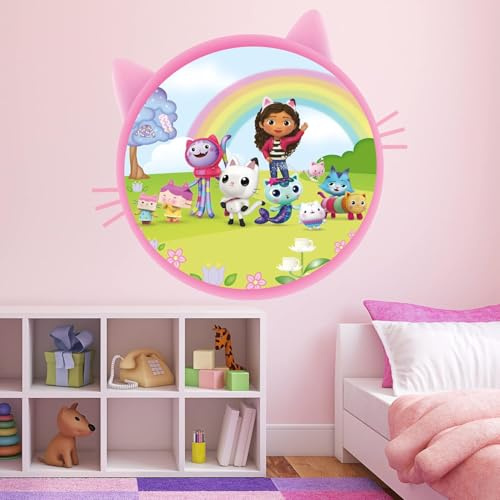 Themed Gabby's Dollhouse Wall Sticker - Gabby and Friends Pink Cat Circle Wall Art Kids Decal (60cm width x 55cm height)