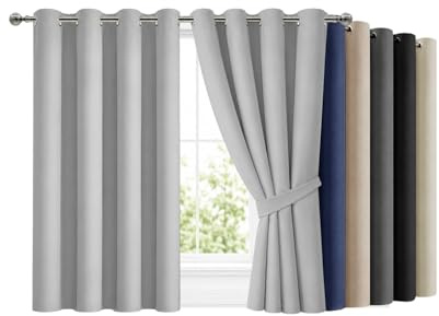 Hafaa Blackout Curtains for Bedroom 46 X 54 Inch Eyelet Light Grey Curtains for Living Room Super Soft Thermal Curtain & Drapes 2 Panels with Tiebacks