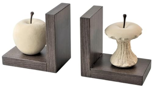 Progetto Arte. Paire de Serre-Livres Pomme/Pomme mangée. Sculpture en Pierre sur Base en Bois. Produit Fait à la Main. Q027T+Q027M