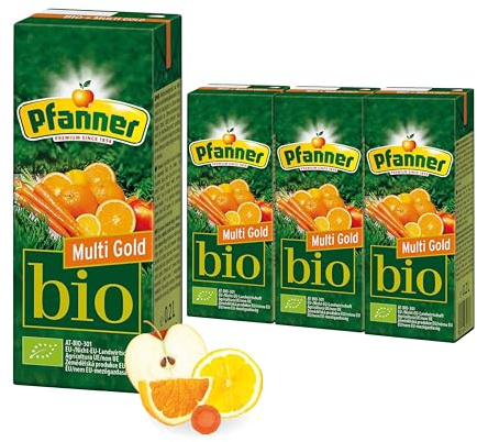 Pfanner Bio Multi Gold (30 x 0,2 l) – Multivitaminsaft mit Strohhalm - 25% Fruchtgehalt und 5% Gemüsegehalt – Vorratspack