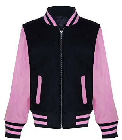 Kids Varsity Black Bomber Jacket with Real Leather Sleeves Pink 12-13
